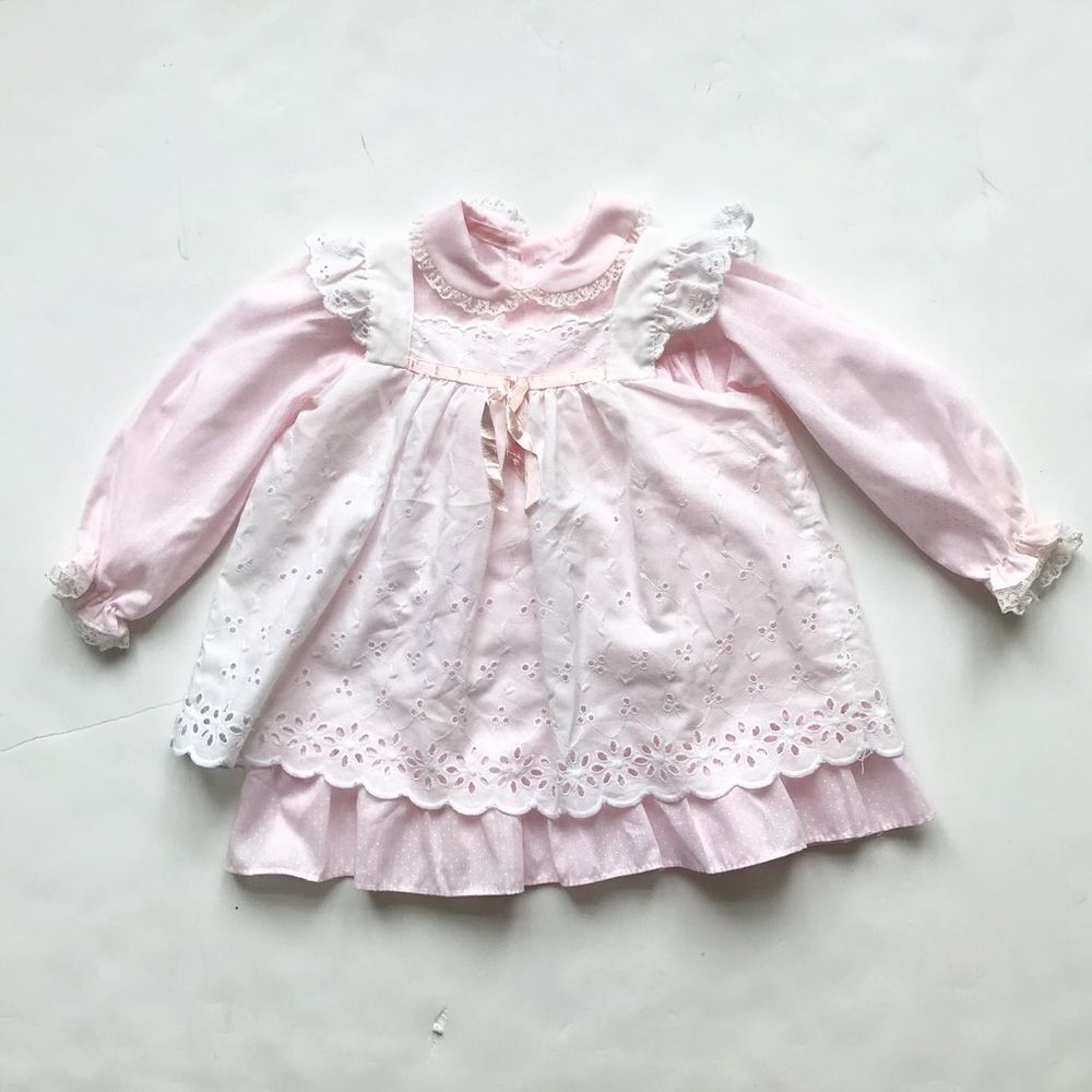 Vintage Pink dot dress w/eyelet pinafore 12-18m